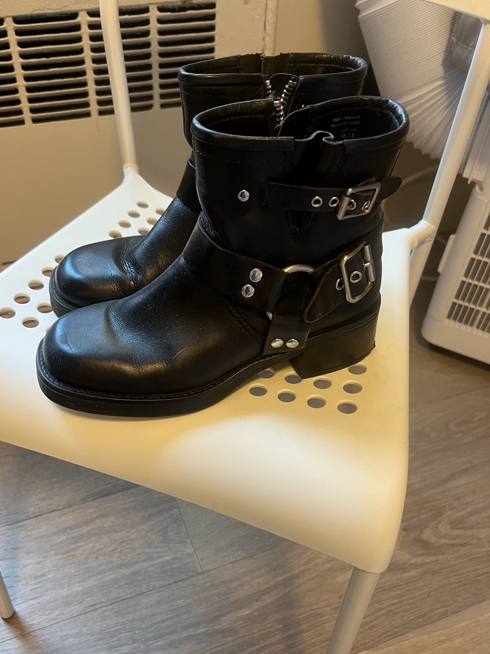 Aldo Black Leather Buckle Combat Boots
